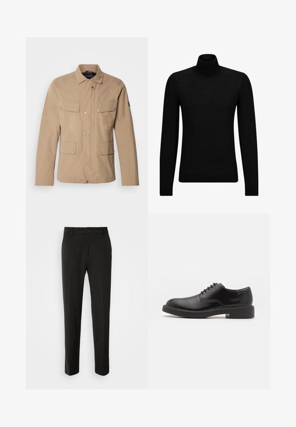 Beige cotton jacket with a buttoned collar, two chest pockets, and additional side pockets. Smooth texture and snap button accents.; Black turtleneck sweater made of soft material, featuring long sleeves and a snug fit. Ribbed trim at the hem and cuffs. Simple design.; Black trousers made of smooth fabric, featuring straight legs, a button closure, and a classic design suitable for formal or casual wear.; Black leather lace-up shoe with a rounded toe, smooth texture, minimal stitching, and a low rubber heel. Logo on the heel.
