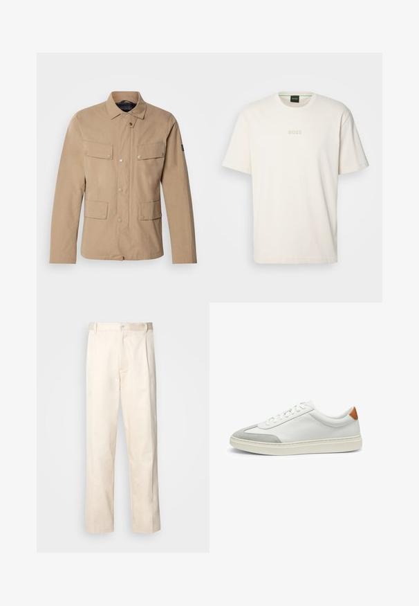 Beige cotton jacket with a buttoned collar, two chest pockets, and additional side pockets. Smooth texture and snap button accents.; BOSS TEE - Basic T-shirt - open white; Beige cotton trousers with a straight-leg cut, featuring a button closure and pleats at the front for added detail.; White leather sneakers with gray suede accents and a tan leather heel tab. Features a textured surface and lightweight sole.