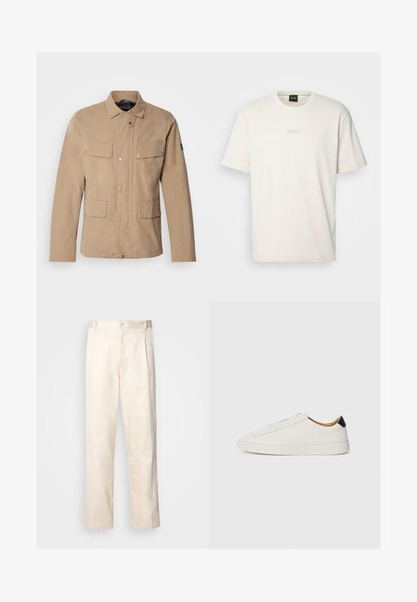 Beez värvi puuvillane jakk nööbiga kraega, kahes rinnataskus ja lisaks küljetaskudega. Sile tekstuur ja neet-nööbid.; BOSS TEE - Lihtne T-särk - open white; Beesidised puuvillased püksid sirge jala lõikega, mis on varustatud nööpkinnituse ja ees olevate voltidega, et lisada detaili.; Valge sneaker, millel on sile nahk pealis, ümmargune varvas ja lame tald. Must aktsent kandadel, ton-sümpaatne paeltega ja minimaalne bränding.