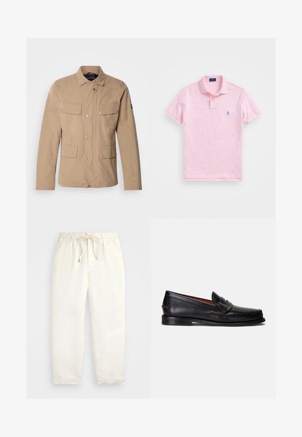 Beez värvi puuvillane jakk nööbiga kraega, kahes rinnataskus ja lisaks küljetaskudega. Sile tekstuur ja neet-nööbid.; Hele roosa polo särk, mis on valmistatud puuvillast, kahekohalise nööpplaadi, lühikeste varrukate ja väikese sinise tikandiga logoga rinnal.; Hele kreemjad, mugavad püksid pehmest kangast. Omavad elastset vöökohta stringiga ning kitsenevat jala disaini.; Mustad nahast mokassiinid siledapinnalise, ümara varba ja dekoratiivse paelaga pealpool. Omavad madalat musta tallaga.