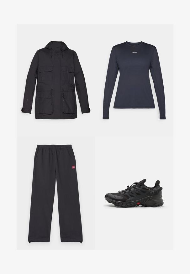 Chaqueta negra impermeable con capucha, dos bolsillos en el pecho, cordones ajustables y una textura suave y mate. Cuenta con puños a presión.; Camiseta deportiva de manga larga en color marino con cuello redondo, fabricada en material texturizado; presenta un pequeño logo blanco de "Salomon" en el pecho.; Pantalones deportivos negros de tela suave, con un corte holgado, cinturilla elástica, bolsillos laterales y una pequeña etiqueta de logo roja en la parte frontal.; Zapatillas deportivas negras con una parte superior texturizada, que cuentan con un sistema de cordones seguro, una suela acolchada y un destacado acento rojo en el costado.