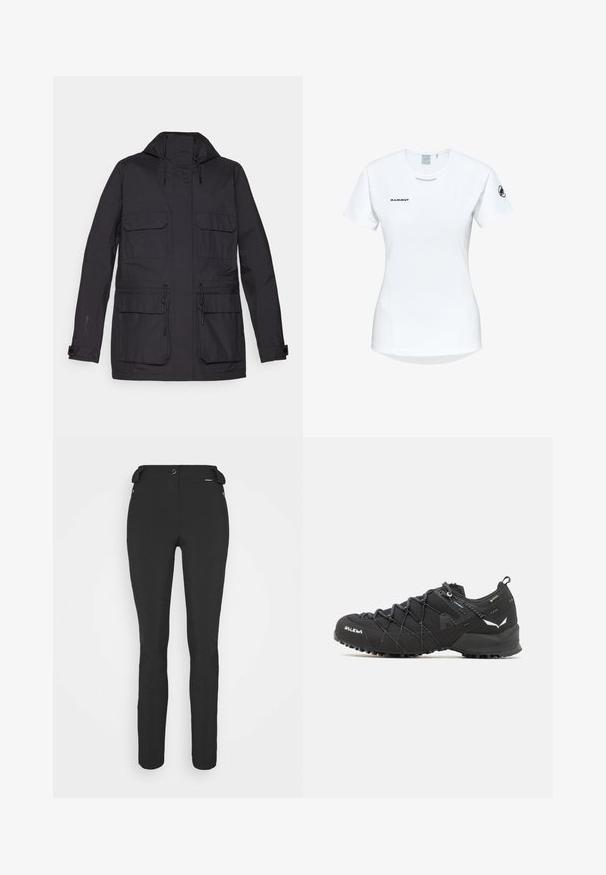 Schwarze, wasserdichte Jacke mit Kapuze, zwei Brusttaschen, verstellbaren Kordeln und einer glatten, matten Textur. Mit Druckknopfmanschetten.; Kurzärmliges weißes Sportshirt mit Rundhalsausschnitt, das ein Logo auf der Brust und eine glatte, leichte Stofftextur aufweist.; Schwarze, enganliegende Hosen aus einem flexiblen Material. Zu den Merkmalen gehören eine seitliche Reißverschlusstasche, vorgeformte Knie und eine glatte Textur.; Schwarze Wanderschuhe mit einem strukturierten Obermaterial aus Stoff, Schnürsystem und robuster Gummisohle. Akzentuiert mit reflektierenden Details und Logos.