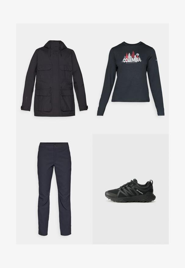 Black waterproof jacket with a hood, two chest pockets, adjustable drawstrings, and a smooth, matte texture. Features snap cuffs.; Long-sleeve dark gray shirt with a graphic of red trees and mountains; "COLUMBIA" logo in bold white text. Soft fabric, standard crew neck.; Navy blue pants made of smooth fabric, featuring a front button closure, slim-fit design, and creased detailing at the knees.; Columbia PEAKFREAK - Hiking shoes - black