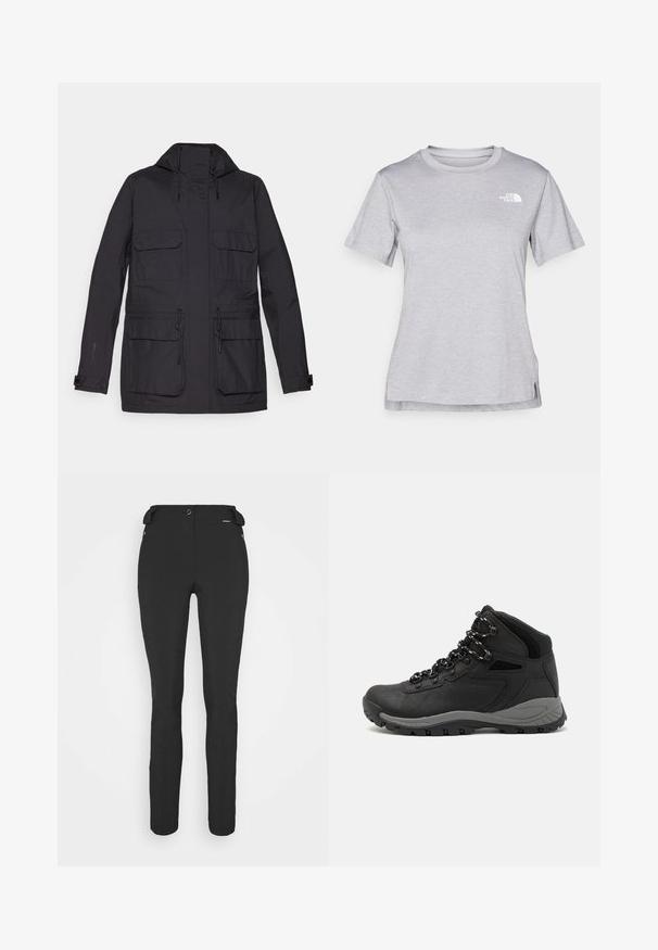 Schwarze, wasserdichte Jacke mit Kapuze, zwei Brusttaschen, verstellbaren Kordeln und einer glatten, matten Textur. Mit Druckknopfmanschetten.; Graues T-Shirt mit kurzen Ärmeln aus weichem, feuchtigkeitsableitendem Stoff. Hat einen Rundhalsausschnitt und ein kleines weißes Logo auf der oberen linken Seite.; Schwarze, enganliegende Hosen aus einem flexiblen Material. Zu den Merkmalen gehören eine seitliche Reißverschlusstasche, vorgeformte Knie und eine glatte Textur.; Schwarzer Wanderstiefel mit einem mittelhohen Design, ausgestattet mit einer strukturierten Oberfläche, grauen Akzenten und einer robusten Gummisohle mit Profilstollen.