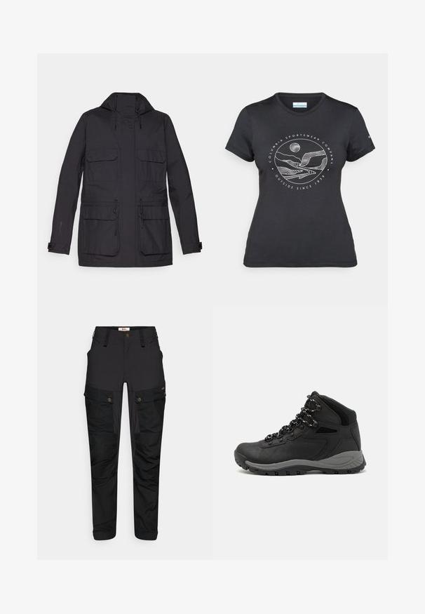 Schwarze, wasserdichte Jacke mit Kapuze, zwei Brusttaschen, verstellbaren Kordeln und einer glatten, matten Textur. Mit Druckknopfmanschetten.; Schwarzes Columbia-T-Shirt mit weißer kreisförmiger Berg- und Fluss-Linienkunst und dem Text "Columbia Sportswear Company - Draußen seit 1938."; Schwarze Cargo-Hosen aus strapazierfähigem Stoff, mit mehreren Taschen, einem Reißverschluss und einem flachen Bund. Mit strukturierten Details an Knien und Seiten.; Schwarzer Wanderstiefel mit einem mittelhohen Design, ausgestattet mit einer strukturierten Oberfläche, grauen Akzenten und einer robusten Gummisohle mit Profilstollen.