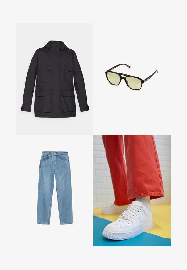 Černá nepromokavá bunda s kapucí, dvěma hrudními kapsami, nastavitelnými šňůrkami a hladkou, matnou texturou. Obsahuje patentní manžety.; Bílý top bez rukávů, žebrovaná textura, kulatý výstřih, obtáhnutý střih, decentní značka na štítku uvnitř oblasti límce.; Svetle modré džíny s rovný střih, vysokým pasem, dvěma předními kapsami a klasickým zapínáním na knoflík. Mírné prošednutí a žádné ozdoby.; Bílé kožené tenisky s perforovanou špičkou, texturovanou podešví a bílými tkaničkami, v kombinaci s širokými červenými kalhotami a modro-žlutým pozadím.; Brýle ve stylu želvoviny s obdélníkovým tvarem, zelenými skly a vzorovanými acetátovými rámy. Obsahují kovové akcenty poblíž skel.