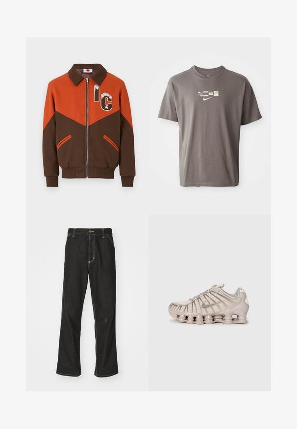 Pruun ja oranž tõmblukuga jakk, millel on krae, diagonaalne värviblokeerimine ja graafiline "IC" disain rinnal, tekstuuriga kangast.; Pruun lühikeste varrukatega t-särk, mille esiküljel on heledat värvi "Nike" logo, omades juhuslikku ja mugavat lõiget.; Mustadest denimist püksid, lahtise lõikega, kontrastsete valgete õmblustega, nööbiga kinnitamine ja sirge säär.; Helebež coloris spordijalats, millel on võrgu ülemine osa, struktureeritud disain ja eristuv pehmendusega tald, millel on silindrilised sektsioonid.