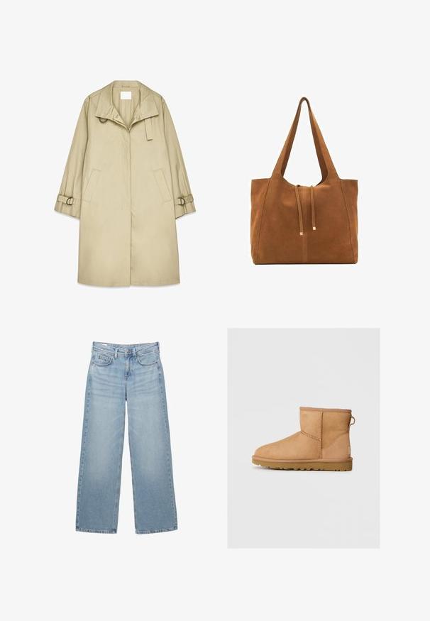 Beige regnrock med en bred krage, framknäppning, sidofickor och spänne på ärmarna. Slätt, lätt tyg med en avslappnad passform.; Krämfärgad stickad tröja med en stor amerikansk flaggdesign och "RL" initialer stickade framtill, rund halsringning samt ribbstickade muddar och fåll.; Vit bomullströja med korta ärmar, rundad halsringning och en avslappnad passform. Materialet verkar slätt utan synliga mönster eller tryck.; Ljusblå denim byxor med vida ben och hög midja, fem fickor och subtila blekningar, med en metallknapp och bälteshällor.; Tan mockasinfärgad ankelbotten med rund tå, sydda detaljer, dragflik på baksidan och ett strukturerat gummisul. Designad för komfort och värme.; Brun mockaläders toteväska med två långa remmar, dragsko-stängning och minimalistisk design. Slät textur och inga synliga metallaccenter.