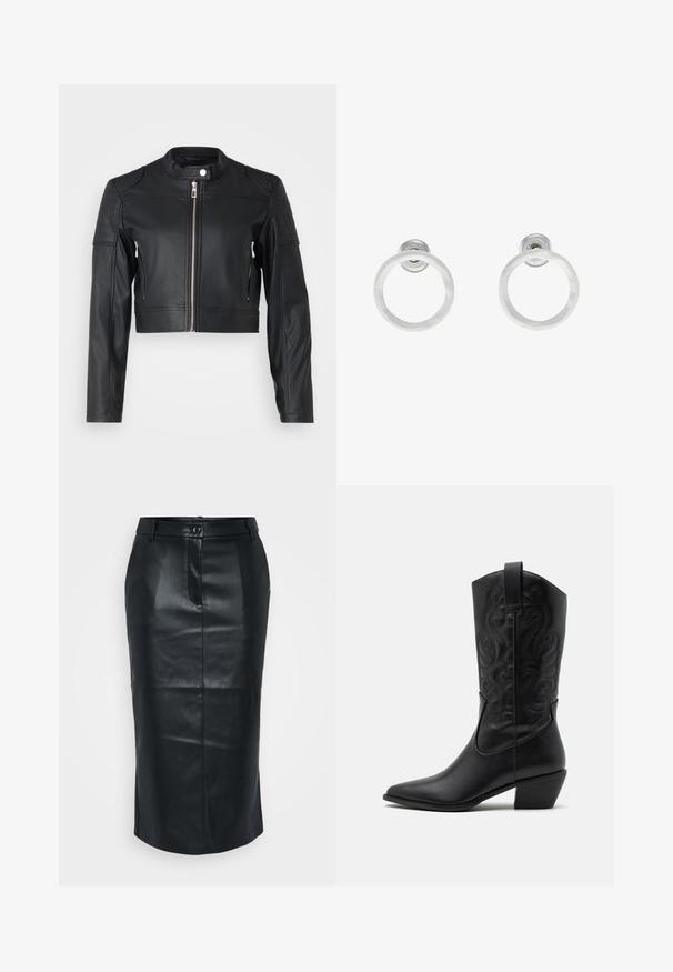 ONLY Petite ONLAMIA MOTO JACKET - Dirbtinės odos striukė - black; Even&Odd Petite 2 PACK - Viršus - light grey/black; Juoda odinė pieštuko sijonas su aukštu juosmeniu, nugaroje įpjova, lygaus paviršiaus ir vienu mygtuko užsegimu. Išsiskiria pritaikytu, aptemptu dizainu.; Juodas odinis kaubojiškas botas su smailiu pušku, iškaltomis vingių rašmenimis ir vidutinio aukščio kulnu. Yra kilpa, skirta patogiam užmaunimui.; Sidabriniai metaliniai auskarai žiedų pavidalu su šveitimo tekstūra, turintys apvalų dizainą ir skaidrų laikiklį saugiam dėvėjimui.