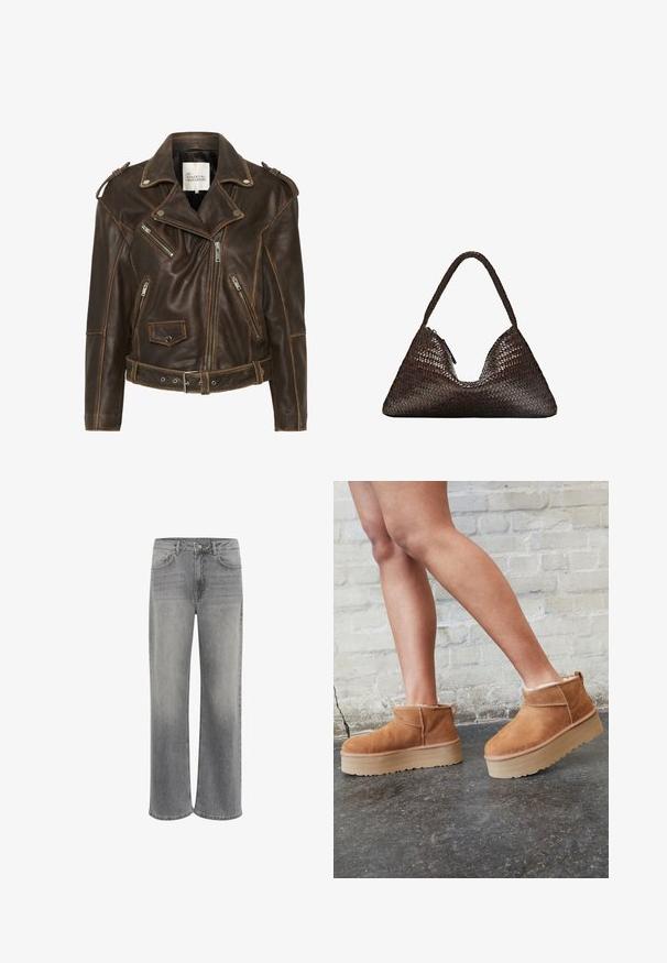 Brun læder motorcykeljakke med flere lynlåse, talje med bælte og polstrede skuldre. Den har kontrastsyninger og en tekstureret overflade.; Lys grå strikket langærmet sweater med ribbet kant og manchetter, med en V-hals og afslappet pasform.; Hvid kortærmet t-shirt lavet af bomuld. Har en rund halsudskæring og en afslappet pasform. Glat tekstur uden synlige mønstre eller detaljer.; Vide ben jeans i grå denim, med høj talje, fem lommer, lukning med knap foran og subtilt slid på stoffet.; Brune ruskinds ankelsko med en blød foring, tyk beige plattformsål og en bageste løkke. Tekstureret overflade med synlige sømdetaljer.; Mørkebrun trekantet håndvævet læderhåndtaske med en enkelt flettet hank og synlig lynlåstrækker på den ene side.; Sæt af otte sølvringar med forskellige design, herunder glatte, teksturerede og en med små perler. Funktioner inkluderer kurver og accenter.