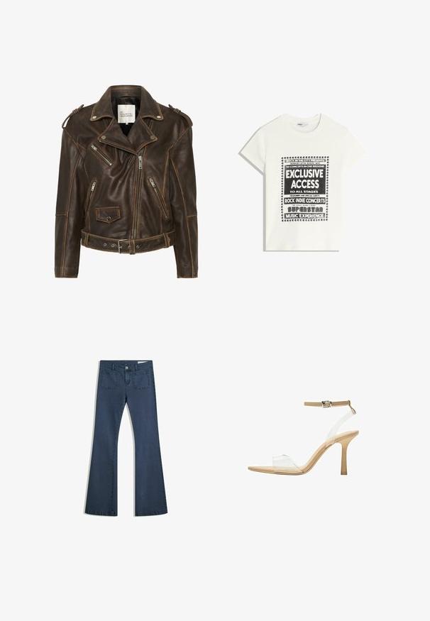Brun lädermotorcykeljacka med flera dragkedjor, bälte i midjan och vadderade axlar. Har kontrasterande sömmar och en texturerad yta.; Vit t-shirt med svart text som främjar ett musikevenemang, med inskriptionerna "Exklusiv Tillgång", "Rock Indie-konserter" och "Superstar Musikupplevelse."; Mörkblå utsvängda jeans i denim med sydda fickor, knappstängning och en slät yta. Har en klassisk femfickedesign.; Klart häl sandal med en transparent ovandel, beige fotbädd och en smal ankelrem. Har en spetsig tå och en tunn hög klack.