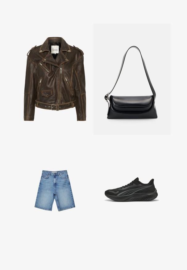 Rjava usnjena motoristična jakna z več zadrgami, z pasom in blazinicami na ramenskih območjih. Ima kontrastno šivanje in teksturirano površino.; Teksturirana off-white tkanina z gubastim vzorcem, ki prikazuje mehak, rahlo dvignjen površinski sloj, primeren za oblačila ali domače tekstilije.; Denimske kratke hlače svetlo modre barve, s klasičnim pet-pocket dizajnom, zadrgo na sprednji strani in rahlim zbledanjem. Ravno krojene s obrobljenimi robovi.; Črne atletske čevlje z mrežasto zgornjico, teksturiranimi detajli, ravnimi vezalkami in oblazinjeno podplatom z valovitimi vzorci za oprijem in udobje.; Črna usnjena torbica z oblikovano strukturo, gladko teksturo in eno naramnico. Opremljena je z diskretnim, zaobljenim pokrovom.