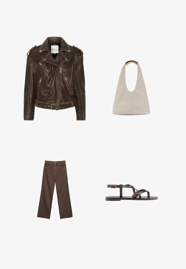 Giacca da motociclista in pelle marrone con molteplici zip, vita con cintura e spalle imbottite. Presenta cuciture a contrasto e una finitura testurizzata.; Maglietta a maniche corte marrone realizzata in tessuto morbido, con scollatura rotonda e vestibilità rilassata. Nessun motivo o dettaglio visibile.; Jeans a gamba larga marroni in denim, con vita alta, tasche anteriori e chiusura a bottone classica. Tessuto liscio con cuciture sottili.; Sandal in pelle marrone con cinturini incrociati, chiusura con cinturino alla caviglia e suola piatta con dettagli di cucitura minimi.; Borsa in pelle grigio chiaro con design a forma di U e manico metallico curvo. Texture liscia con cuciture minime e senza motivi visibili.