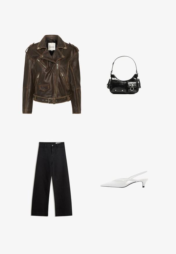 Bruine leren motorjack met meerdere ritsen, een ceintuur in de taille en gevoerde schouders. Beschikt over contrasterende stiksels en een gestructureerde afwerking.; Witte t-shirt met korte mouwen van zachte katoen, met een ronde halslijn en een ontspannen pasvorm met rechte zoom, eenvoudig zonder patronen of graphics.; Zwarte denim broek met wijde pijpen en een hoge taille, voorzien van voor- en achterzakken, gestikte naden en een knoopsluiting. Gladde textuur.; Witte slingback hak met spitse neus, voorzien van een gladde bovenkant, subtiele uitsparingen en een lage blokhak. Zwarte zool accentueert het ontwerp.; Zwarte laarzen in lakleer met een gebogen vorm, één schouderband, voorvakken en accenten in zilverkleurig metaal.
