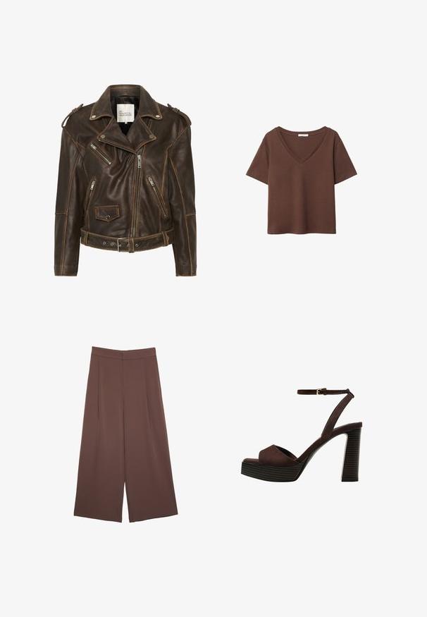 Brun læder motorcykeljakke med flere lynlåse, talje med bælte og polstrede skuldre. Den har kontrastsyninger og en tekstureret overflade.; Brun bomulds t-shirt med korte ærmer og dyb V-hals. Enkel design, blød tekstur og lige kant. Ingen mønstre eller detaljer.; Brune bredbunde bukser med en glat tekstur, der har høj talje og plisseringer foran. Stoffet er let og falder løst.; Brune ruskinds højhælede sandal med åben tå, justerbar ankelrem og en stribet plade sål.