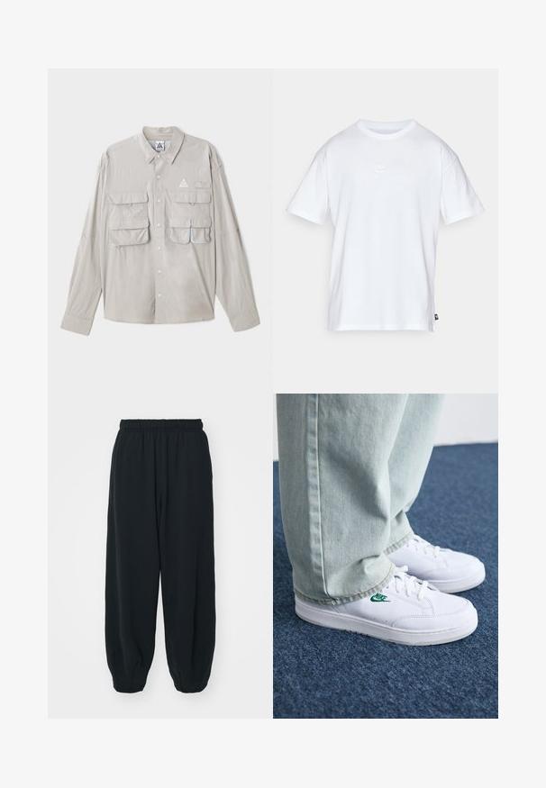 Svetlo siva srajca z dolgimi rokavi, štiri sprednje žepe, trikotni logotip in gladko teksturo tkanine.; Bela bomba iz bombaža s kratkimi rokavi in okroglo ovratnikom. Ima majhen, diskreten Nike logotip na prsih in stranski etiket.; Črne, elastične hlače za prosti čas z ohlapnim krojem, manšetami na gležnjih, gladko teksturo in brez vidnih vzorcev ali dodatkov.; Bela usnjena športna obutev z zelenim Nike logotipom, okrogla konica, ravna podplat, v kombinaciji z svetlo modrimi kavbojkami, prikazana na modrem preprogu.