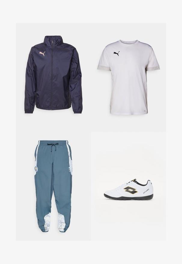 Navyblaue Windbreaker-Jacke aus leichtem, glattem Material; verfügt über einen hohen Kragen, einen durchgehenden Reißverschluss und ein pinkes Puma-Logo auf der Brust.; Weißes kurzärmeliges Sportshirt mit Rundhalsausschnitt, ausgestattet mit atmungsaktiven Netzdetails an den Seiten und einem schwarzen Puma-Logo auf der Brust.; Hosen aus blauem Stoff mit elastischem Bund und Kordelzug. Seitliche Akzente zeigen ein weißes Muster. Enthält ein Markenlogo-Patch.; Weiße Sportschuhe mit schwarzen und gelben Akzenten, ausgestattet mit einem strukturierten Obermaterial, runder Schuhspitze und einer schwarzen Gummisohle. Das Design beinhaltet ein Logodetail an der Seite.