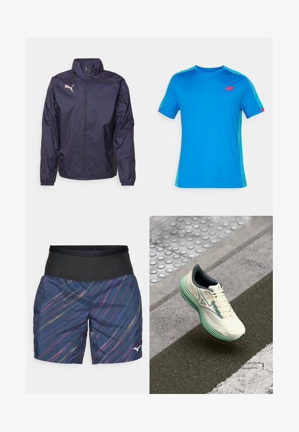 Navy blue windbreaker jacket made of lightweight, smooth material; features a high collar, full zipper, and a pink Puma logo on the chest.; Blue short-sleeve sports t-shirt with light teal side panels and shoulder stripes, featuring a small red logo on the left chest.; Men's athletic shorts with a navy base, featuring colorful diagonal stripes. Made from lightweight material, they have an elastic black waistband.; Lightweight running shoe in cream and mint green. Features a textured upper, cushioned sole, and lacing system for a secure fit.
