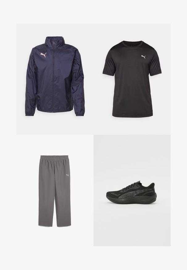 Navyblaue Windbreaker-Jacke aus leichtem, glattem Material; verfügt über einen hohen Kragen, einen durchgehenden Reißverschluss und ein pinkes Puma-Logo auf der Brust.; Schwarzes sportliches T-Shirt aus feuchtigkeitsableitendem Stoff, Rundhalsausschnitt, kurze Ärmel, mit einem kleinen weißen Logo auf der linken Brust.; Graue Sportpants mit einem elastischen Bund, aus leichtem Stoff gefertigt. Auf dem linken Bein befindet sich ein kleines weißes Logo.; Schwarzer Sportschuh mit Obermaterial aus strukturiertem Mesh, flachen Schnürsenkeln und einer gepolsterten Sohle mit dezenten reflektierenden Akzenten.