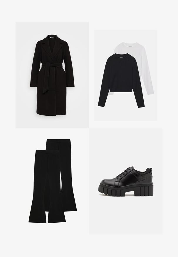 Fekete gyapjúkabát sálpólóval, öves derékkal, hosszú ujjakkal és oldalsó zsebekkel, letisztult, áttekinthető formával.; Két hosszúujjú póló: az egyik fekete, a másik fehér. Mindkettő kerek nyakú, raglán ujjal és puha pamutkeverék anyaggal készült.; Fekete harangszárú nadrág, elasztikus anyagból, magas derekú, sima textúrával, formázott kialakítással, amely a térdtől bővül.; Fekete bőr platform cipők vaskos blokk sarkakkal, kerek orral és hagyományos fűzős kialakítással. Simára csiszolt felület és minimális részletezés jellemzi.