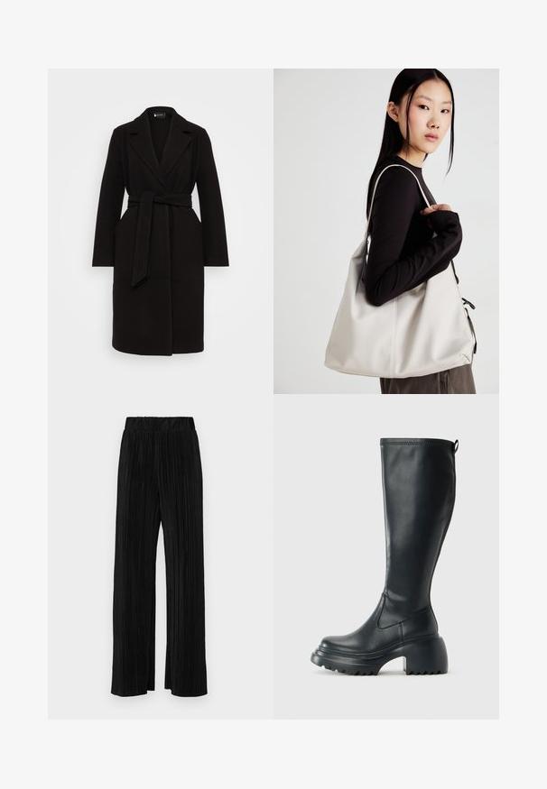Fekete gyapjúkabát sálpólóval, öves derékkal, hosszú ujjakkal és oldalsó zsebekkel, letisztult, áttekinthető formával.; Két hosszúujjú póló: az egyik fekete, a másik fehér. Mindkettő kerek nyakú, raglán ujjal és puha pamutkeverék anyaggal készült.; Fekete pliszírozott nadrág gumis derekkal. Széles lábakkal rendelkezik, sima, texturált anyagból készült, függőleges csíkokkal.; Magas fekete bőrcipő, vastag platform talppal és blokk sarokkal, húzófüllel és texturált profillal az outsole-on.; Puha anyagból készült bézs kézitáska, laza dizájnnal, varrott részletekkel és két vállpánttal. Mindennapi használatra alkalmas.