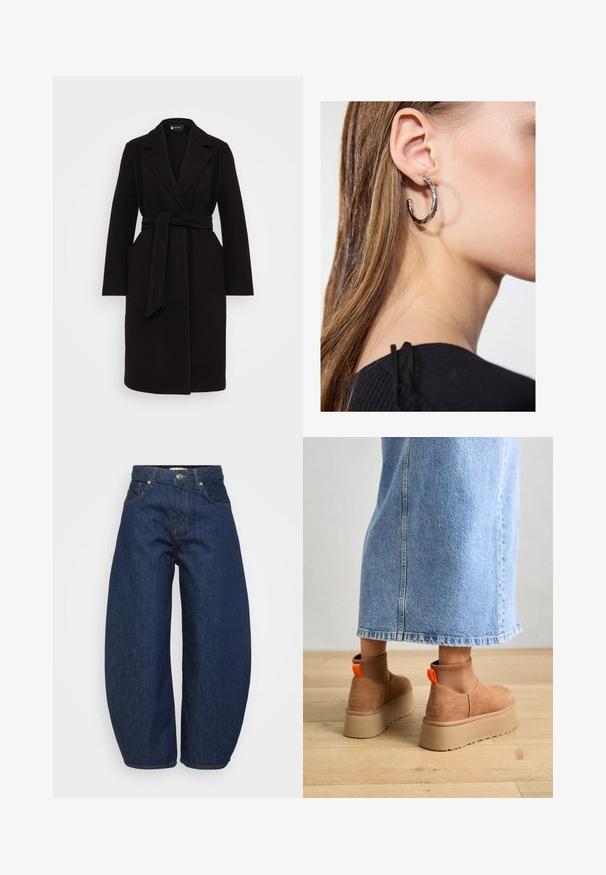 Must mustreemiga musttakk, millel on šalli krae, vöökoht, pikad varrukad ja küljetaskud, millel on puhas ja voolujooneline disain.; Even&Odd Petite 2 PACK - Topp - light grey/black; Tumesinised teksapüksid laiade, lõdvalt istuvate lõigetega. Varustatud luku ja nelja taskuga ning kontrastse õmblusega õmbluste ääres.; Pruunid nahatooted platvormikontsad elastsete külgpaneelidega ja oranžide tõmbetuttidega, koos puusani ulatuva heleda denim-seelikuga puidust põrandal.; Hõbedane rõngas kõrvarõngas poleeritud viimistlusega, millel on väikesed kuldsed aktsendid ja ümmargune kuju, kantud lobus.