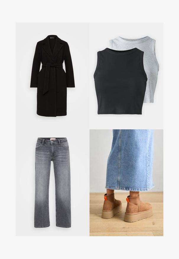 Casaco de lã preto com colarinho xale, cintura cingida, mangas longas e bolsos laterais, apresentando um design limpo e aerodinâmico.; Even&Odd Petite 2 PACK - Top - light grey/black; Jeans de ganga cinza com um design de perna reta, estilo de cinco bolsos, desbotamento subtil e fecho de botão na cintura.; Botas plataforma em camurça castanha com painéis laterais elásticos e puxadores laranja, combinadas com uma saia de ganga clara até ao joelho, em um chão de madeira.