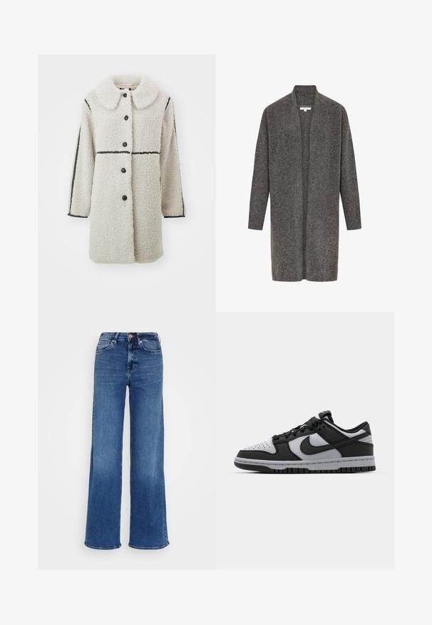 Cappotto in pile color avorio con un ampio colletto, chiusure a bottoni neri e righe orizzontali nere a contrasto sulle maniche.; Cardigan grigio in morbida lana, design aperto davanti, maniche lunghe e polsini a costine. Presenta una vestibilità rilassata e uno stile minimalista.; Crop top nero a maniche lunghe realizzato in tessuto leggero, con scollo rotondo e silhouette aderente, caratterizzato da cuciture pulite e senza decorazioni.; Jeans in denim blu medio a vita alta, con gamba larga, chiusura a bottoni e zip, e tasche anteriori e posteriori, su sfondo grigio chiaro uniforme.; Sneaker basse Nike Dunk in nero e grigio con punta forata, dettagli in pelle liscia e suola in gomma con pattern testurizzato.