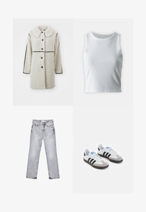 Fleece plašč v ofsajd beli barvi z velikim ovratnikom, črnimi gumbi in kontrastnimi črnimi horizontale na rokavih.; Bela rebrasta majica brez rokavov z okroglo izrezom, s pravo hem in gladko, elastično strukturo.; Sive traperice z ravnim krojem, z obdelanimi detajli, petimi žepi in bakrenimi zakovicami. Pas ima oznako z logotipom.; Športni čevlji z belim usnjenim zgornjim delom, sivim semišem na prstih in tremi črnimi črtami. Imajo modro logo na jeziku in teksturiran gumijast podplat.