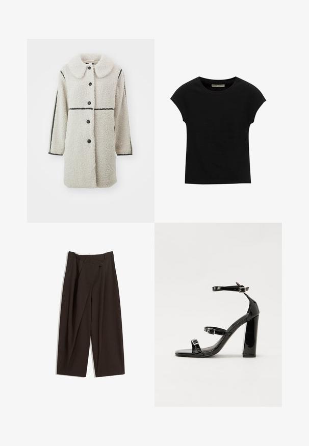 Palton din fleece de culoare albă murdară, cu guler mare, închidere cu nasturi negri și linii orizontale contrastante negre pe mâneci.; PULL&BEAR Tricou basic - black; Pantaloni largi de culoare maron închis, cu talie înaltă, având închiere cu un singur nasture și un față pliată. Confectionați dintr-un material ușor.; Sandale cu toc din patent negru, cu vârf pătrat, curele la gleznă și catarame din argint. Dispune de un toc gros pentru stabilitate.