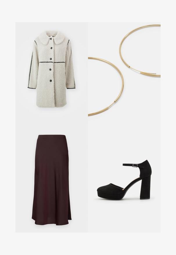 Fleece coat in off-white with a large collar, black button closures, and contrasting black horizontal lines on sleeves.; Black, long-sleeve top with an off-the-shoulder neckline. Made from a smooth, stretchy fabric. Cropped design with fitted silhouette.; Burgundy satin midi skirt with a smooth texture, a straight fit, and a slightly flared hem. No visible patterns or hardware details.; Black suede platform heels with a thick block heel, rounded toe, and ankle strap secured by a metal buckle. Smooth texture throughout.; Gold-colored hoop earrings, thin and round in shape, with a smooth metallic finish and no embellishments or patterns.