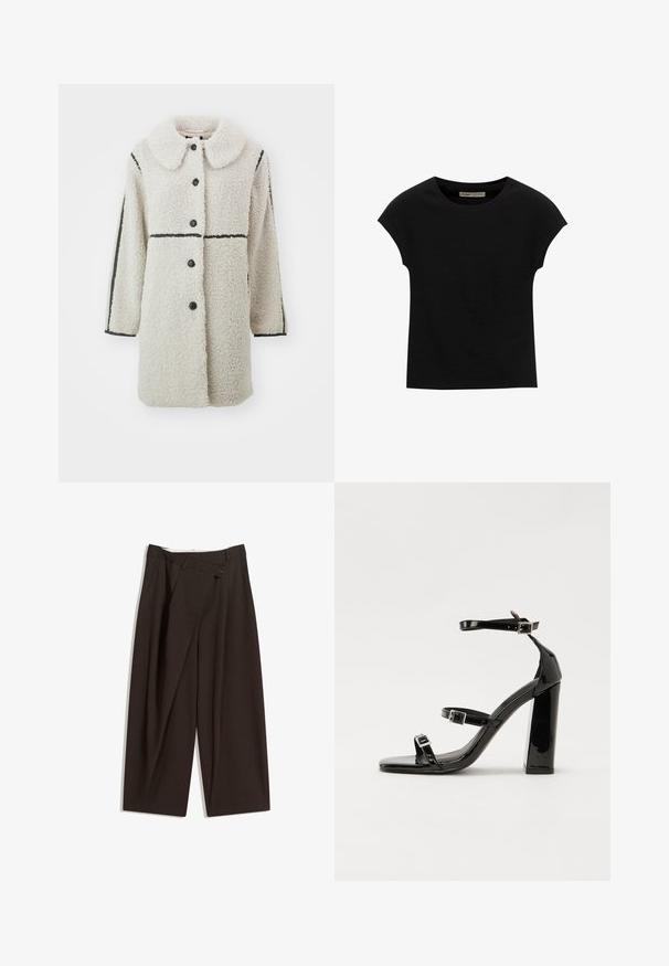 Fleecani kaput u off-white boji s velikim ovratnikom, crnim dugmadi za zatvaranje i kontrastnim crnim horizontalnim linijama na rukavima.; Crna majica s kratkim rukavima od mekog materijala, s okruglim izrezom i opuštenim krojem, s glatkom teksturom i bez uzoraka.; Tamno smeđe široke hlače s visokim strukom, s jednim dugmadi na zakopčavanju i pregibom sprijeda. Izrađene od laganog materijala.; Crne lakirane sandale na pete sa kvadratnim nosom, trakama oko gležnja i srebrnim kopčama. Imaju čvrst blok petu za stabilnost.