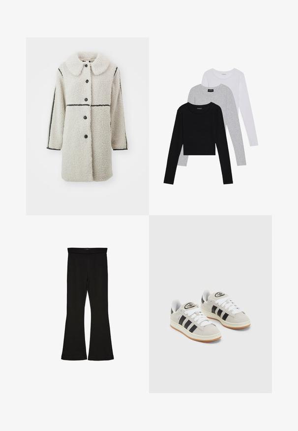 Fleecejakke i off-white med stor krage, svarte knappefester og kontrasterende svarte horisontale linjer på ermene.; Tre lange ermer t-skjorter stablet: svart, grå og hvit. Hver har en rund hals og et kort design med glatt, lett stoff.; Sorte flared leggings laget av stretchy stoff. Har en bred midjebånd og en glatt tekstur, med en tettsittende silhuett som blir videre nedover.; Grå semsket sneakers med hvite lisser, svarte striper og en hvit gummisåle. Har en sirkulær logo på tungen og en gummisåle.