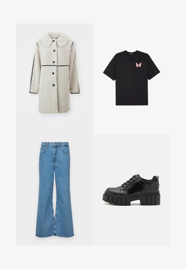 Fleecejas in off-white met een grote kraag, zwarte knopen en contrasterende zwarte horizontale lijnen op de mouwen.; Zwarte katoenen t-shirt met korte mouwen, voorzien van een kleine roze vlinder graphic op de linkerkant van de borst. Crew neck ontwerp met een relaxte fit.; Lichtblauwe flared jeans van denim, met een hoge taille, vijf zakken en een enkele knoopsluiting. Zachte textuur met een vervaagde afwerking.; Zwarte leren platform schoenen met een stevige blokhak, ronde neus en een traditionele vetersluiting. Kenmerkt zich door een gladde textuur en minimale details.