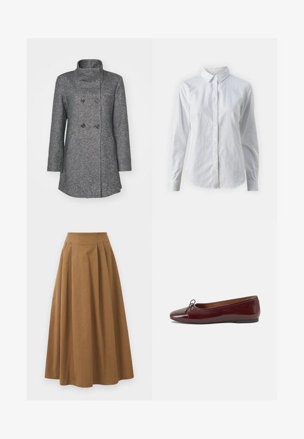 Gray wool blend coat with a high collar, double-breasted front, two large buttons, and long sleeves. Textured fabric with a subtle pattern.; White button-up shirt made of smooth cotton, featuring a classic collar, long sleeves, and a curved hem. Buttons are small and white.; Brown cotton A-line skirt with a high waist, featuring pleats down the front and a smooth texture. Hem finishes are clean and simple.; Burgundy patent leather ballet flat with a rounded toe, small bow accent at the front, and a low, black rubber sole. Smooth texture.