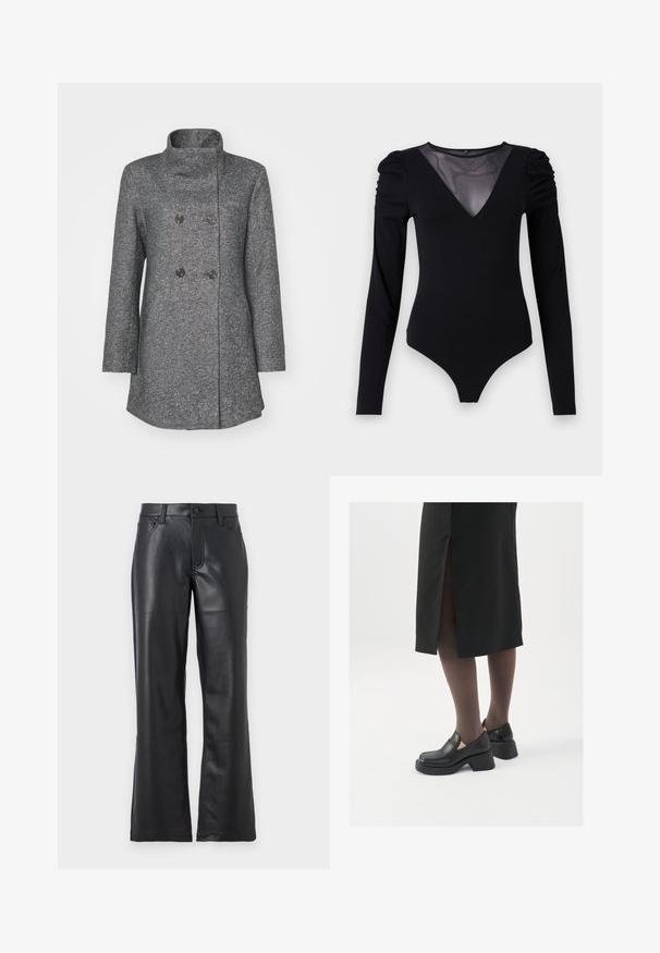 Gray wool blend coat with a high collar, double-breasted front, two large buttons, and long sleeves. Textured fabric with a subtle pattern.; Black bodysuit with long sleeves, featuring a mesh V-neckline and gathered shoulder detail. Smooth fabric with a fitted shape.; Black leather pants with a flared design, featuring front pockets, belt loops, and a button closure. Smooth texture with visible stitching.; Black leather shoes with a rounded toe, thick block heel, and elastic side accents, paired with dark tights and a black skirt with a slit.