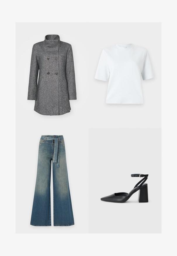 Szürke gyapjú keverék kabát magas gallérral, duplagombos előlappal, két nagy gombbal és hosszú ujjakkal. Texturált anyag finom mintázattal.; Világoskék, rövid ujjú póló, puha pamutból készült. Klasszikus, kerek nyakú és laza szabású, minta vagy díszítés nélkül.; Bőszárú farmernadrág, világos és sötétkék árnyalatokkal, magas derekú, övgyűrűkkel és a nadrággal megegyező anyagú övvel. Textúrált farmer kivitel.; Fekete bőr, hegyes orrú magassarkú cipő boka pánttal és vastag sarokkal. Sima textúra, elegáns dizájn és minimális esztétika.