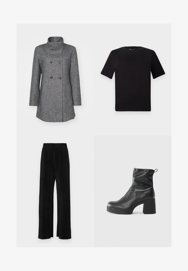 Gray wool blend coat with a high collar, double-breasted front, two large buttons, and long sleeves. Textured fabric with a subtle pattern.; Black short-sleeve t-shirt with a round neckline, crafted from soft cotton fabric. Simple design, no visible logos or patterns.; Black pleated trousers with an elastic waistband. Features wide legs and a smooth, textured fabric with vertical stripes.; Black ankle boots made of smooth leather, featuring a side zipper, chunky textured heel, and rounded toe design.