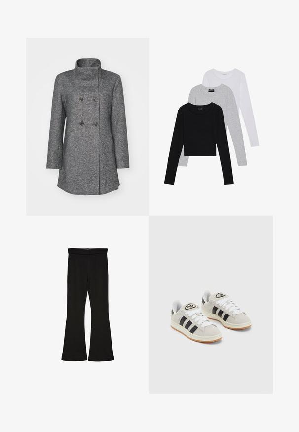 Γκρι παλτό από μίγμα μαλλιού με ψηλό γιακά, διπλό εμπρός κλείσιμο, δύο μεγάλους κουμπιά και μακριά μανίκια. Υφασμάτινη υφή με λεπτό σχέδιο.; Τρία μπλουζάκια με μακριά μανίκια τοποθετημένα το ένα πάνω στο άλλο: μαύρο, γκρι και άσπρο. Κάθε μπλούζα έχει στρογγυλή λαιμόκοψη και cropped σχέδιο, κατασκευασμένη από απαλό, ελαφρύ ύφασμα.; Μαύρες κολάν με φουσκωτό σχέδιο, φτιαγμένες από ελαστικό ύφασμα. Διαθέτουν φαρδύ λάστιχο και λεία υφή, με εφαρμοστό σχήμα που ανοίγει στο τελείωμα.; Γκρίζα σουέτ αθλητικά παπούτσια με λευκές κορδόνες, μαύρες ρίγες και λευκή καουτσούκ σόλα. Διαθέτει κυκλικό λογότυπο στη γλώσσα και σόλα από καουτσούκ.