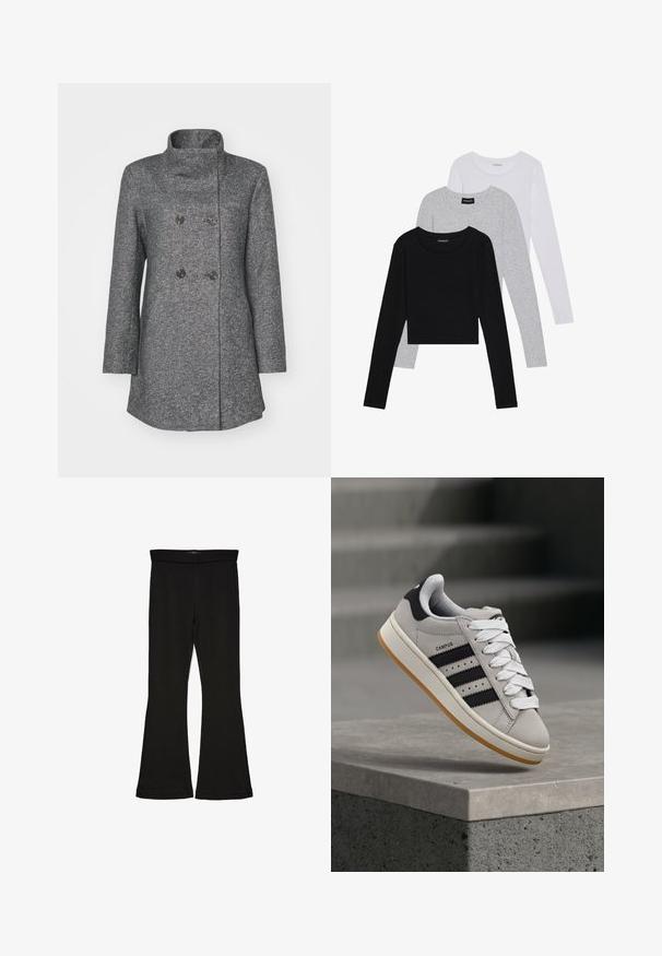 Hallhalli villasegu mantel kõrge kraega, kahepoolselt nööpidega esiküljega, kahe suure nööbiga ja pikkade varrukatega. Tekstuuriga kangas, kus on peen muster.; Kolm pikkade varrukatega toppi, mis on üksteise peale asetatud: must, hall ja valge. Igal ühel on ümar kaelus ja lühike disain, valmistatud siledast, kergekaalulisest kangast.; Mustad mustad sääred, mis on valmistatud venivast kangast. Omab laia vööd ja siledat tekstuuri, sobituv siluett, mis laieneb allservas.; adidas Originals CAMPUS 00S W - Tossud - crystal white/core black/off white