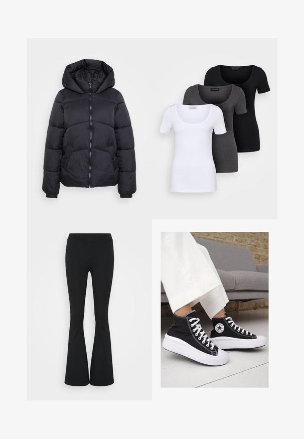 Juodas pūkuotas paltas su kapišonu, su užtrauktuku priekyje, šoninėmis kišenėmis ir elastiniais rankogaliais. Lygus paviršius su siuvinėtu raštu.; Trys priderinti marškiniai: balti, pilki ir juodi. Kiekvienas turi plačią apvalią iškirptę ir trumpas rankoves. Pagaminti iš lygaus, tamprių audinio.; Juodai platėjantys kelnių, pagamintų iš tamprių medžiagų, kurie turi aukštą juosmenį ir lygią tekstūrą. Kelnės platėja nuo kelio.; Juodi kanvasiniai aukšti sportbačiai su baltais guminiais padu ir raišteliais. Šonuose yra apskritas logotipas ir ryški balta siūlė.