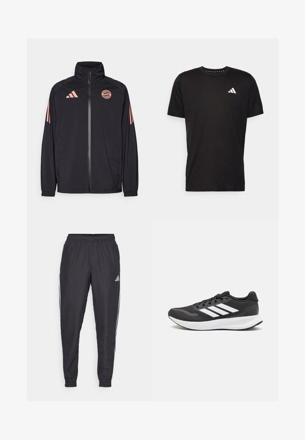Mustan vetoketjuhupparin, jossa on korkea kaulus, FC Bayern München -logo ja vaaleanpunaiset kolmisauvat suunnitteluna hihoissa. Kevyt materiaali.; Musta puuvillapaita lyhyillä hihoilla, pyöreä pääntie ja valkoinen logo vasemmassa rinnassa. Sujuva rakenne ja yksinkertainen muotoilu.; Mustat urheiluhousut elastisella vyötäröllä, joissa on valkoiset raidat sivuilla ja pieni logo lantion kohdalla. Sileä materiaali.; Mustat urheilukengät hengittävällä verkkosella yläosalla, valkoisilla yksityiskohdilla ja pehmustetulla pohjalla. Sivussa on kolme raitaa -logo.