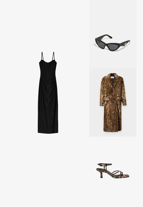 Leopardmönstrad pälsjacka med krage, tre knappar, två framfickor och långa ärmar. Mjuk textur och varm design.; Svart midiklänning med tunna justerbara axelband, med en draperad design och slät textur. Inga synliga mönster eller utsmyckningar.; Sandaler med klack i leopardmönster och fyrkantig tå, flera remmar och medelhög klack. Tillverkade av mjukt textilmaterial.; Kattögon-solglasögon med en matt svart plastbåge, mörka linser och en guldlogotyp som accent på skalmen. Vinklad design och jämn yta.