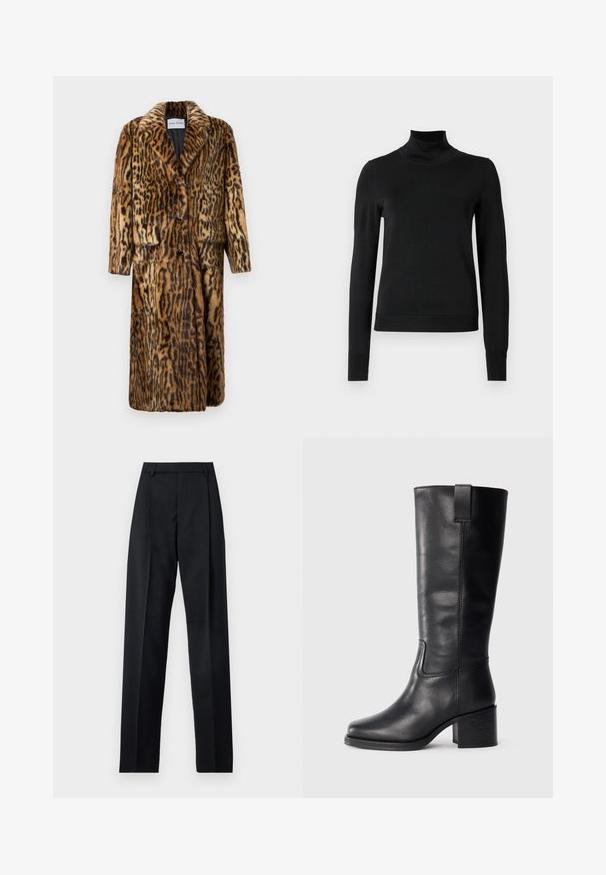 Kožich s leopardím vzorem, s límcem, třemi knoflíky, dvěma předními kapsami a dlouhými rukávy. Měkká textura a teplý design.; Černý dlouhý rukáv rolák se žebrovanými manžetami a lemem, vystavený na čistě bílém pozadí.; Černé kalhoty vyrobené z hladké tkaniny, vybavené vysokým pasem, širokými nohavicemi, předními záhyby a klasickými poutky na opasek. Nejsou viditelné boční kapsy.; Černé kožené kozačky až ke kolenům s hladkým povrchem, čtveratou špičkou, širokým podpatkem a bočním poutkem, se minimalizovanými švy.