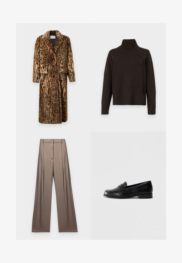Abrigo de piel con estampado de leopardo, con un collar, tres botones, dos bolsillos frontales y mangas largas. Textura suave y diseño cálido.; Jersey negro de cuello alto con acentos acanalados en el cuello, los puños y el dobladillo; tiene un ajuste holgado y una superficie texturizada.; Pantalones de pierna ancha en un color topo suave, fabricados en un tejido liso con un acabado satinado. Presentan una cintura ajustada y pliegues sutiles.; Mocasín de cuero negro con tacón bajo y emblema decorativo dorado en la correa, exhibido sobre un fondo gris claro liso.