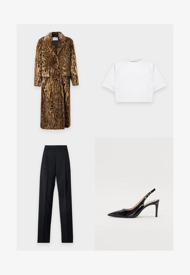 Cămașă din blană cu model de leopar, cu guler, trei nasturi, două buzunare frontale și mâneci lungi. Textură moale și design călduros.; Tricou alb scurt dintr-un material moale, cu mâneci scurte, decolteu rotund și detalii ribbrate la margine. Design simplu și fără embellishments.; Pantaloni negri dintr-un material neted, cu talie înaltă, picioare largi, pliuri frontale și loop-uri clasice pentru curea. Fără buzunare laterale vizibile.; Pantofi slingback din piele patent neagră, cu vârful ascuțit, tocul subțire și un design discret cu decupaj. Se evidențiază printr-un cataramă aurie pe curea.