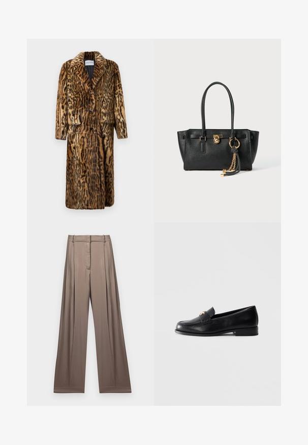 Mink z rastrom leoparda s ovratnikom, tremi gumbi, dvema sprednjima žepoma in dolgimi rokavi. Mehak material in topel dizajn.; Bela skrajšana majica iz bombaža z kratkimi rokavi, z logotipom "MICHAEL KORS" v usklajenem vezenem napisu spredaj.; Široke hlače v utišanem taupe odtenku, narejene iz gladke tkanine s satenskim finišem. Imajo oblikovano pasnico in subtilne plise.; Črne usnjene loafers čevlje z nizko peto in zlatim dekorativnim emblemom na traku, prikazani na enostavni svetlo sivi ozadju.; Črna usnjena torbica z dvojno ročajema, zlatim ključavnico in detajlom verige, ter dodatkom črno-belih rese na belem ozadju.