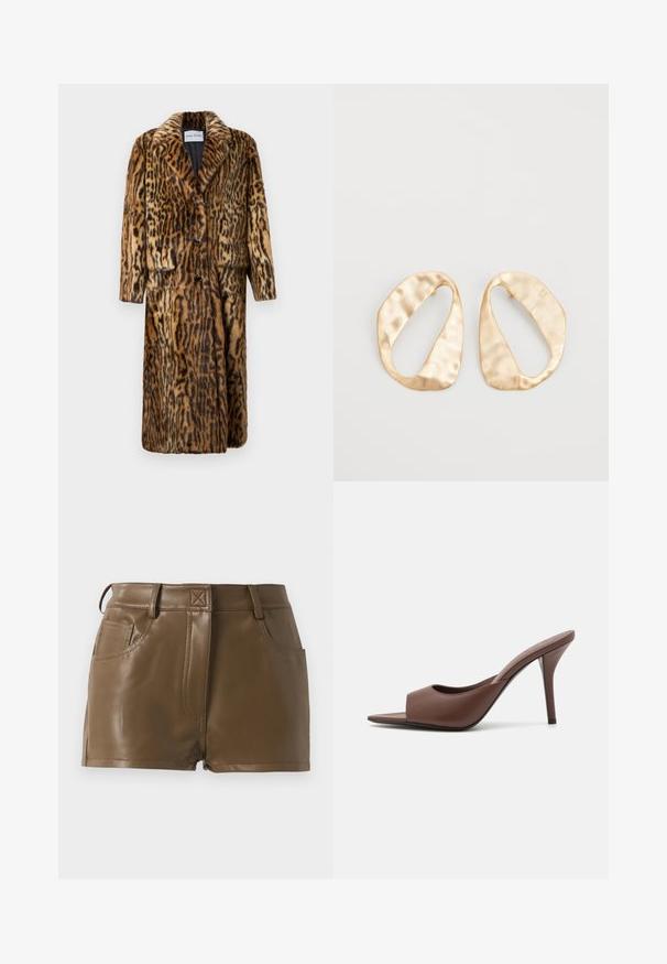 Leopardprint bontjas met een kraag, drie knopen, twee voorke pockets en lange mouwen. Zachte textuur en warme ontwerp.; Wit T-shirt met lange mouwen, gemaakt van ribgebreide katoen, met een ronde halslijn en een rechte zoom. Eenvoudig ontwerp zonder patronen of accenten.; Bruine faux leren shorts met een fitted ontwerp, tailleband met riemlussen, zijzakken en zichtbare stikdetails.; Bruine leren open-teen hoge hak muiltjes met een slank ontwerp, voorzien van een brede voorkruistrap en een slanke stiletto hiel.; Een paar onregelmatig ovale, gouden metalen oorbellen met een gestructureerd, lichtgehamerd oppervlak op een witte achtergrond.