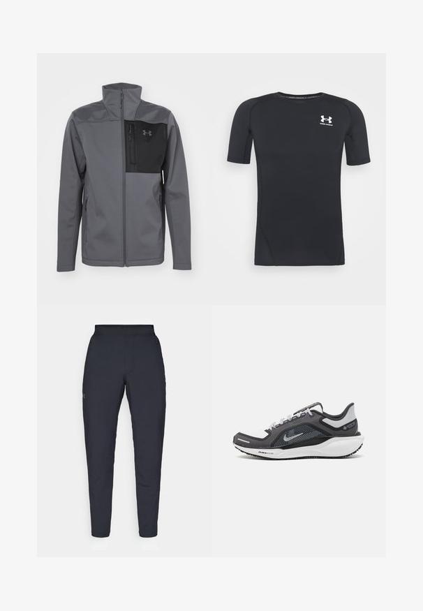 Under Armour SHIELD JACKET - Mekana jakna - castlerock/black; Crna kratkodlaka atletska majica izrađena od tkanine koja odvodi vlagu i elastična je. Ima okrugli izrez i mali bijeli logo na prsima.; Crne sportske hlače s glatkom teksturom, uskih krojeva, elastičnim pojasom i bočnim džepovima. Imaju mali logo na lijevom bedru.; Crne i sive atletske cipele s mrežastim gornjim dijelom, reflektirajućim detaljima i bijelim među-djelom. Imaju strukturiranu gumenu potplate i vezice.