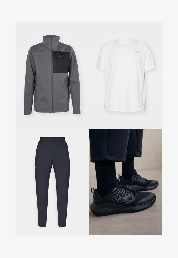 Under Armour SHIELD JACKET - Mīksta auduma jaka - castlerock/black; Baltas īsajiem piedurknēm sporta krekls, izgatavots no gludas auduma. Tam ir apaļa kakla izgriezums un pelēks logo uz kreisās krūtis, kā arī sānu šķēlumi apakšmalā.; Melnas sporta bikses ar gludu tekstūru, šauru piegriezumu, elastīgu jostu un sānu kabatām. Uz kreisā augšstilba ir mazs logs.; Persona, kurš valkā melnus sporta apavus ar teksturētām sāniem un logo, kombinēti ar melnām zeķēm un īsām biksēm uz gaišas grīdas.